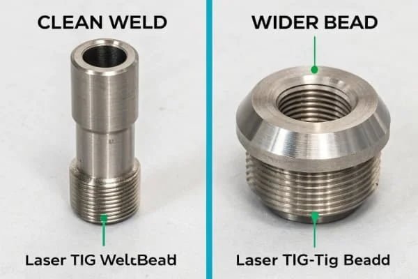 A side-by-side comparison showing the clean weld of a laser versus the wider bead of a TIG weld