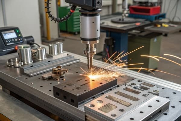 A close-up of a laser welding machine repairing a metal mold with a bright spark